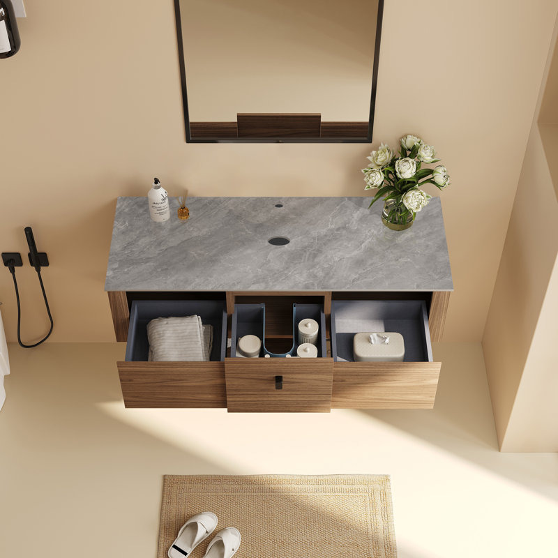 Base de meuble-lavabo simple 48 po seulement, plateau en pierre frittée grise, trois tiroirs et tablette flottante inférieure ouverte