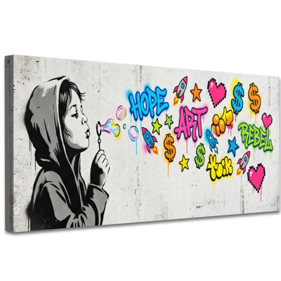 Espoir, art mural sur toile espoir, Street Pop, décoration murale avec fille à capuchon, peinture murale à bulles colorées pour chambre à coucher, salon, bureau pour adolescent, toile tendue, 12 po x 24 po