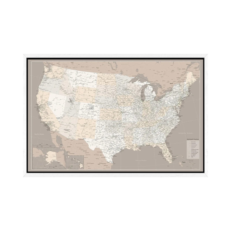 Highly Detailed Map Of The Us With Roads In Brown by Blursbyai - Gallery-Wrapped Canvas Giclée on Canvas, White Framed