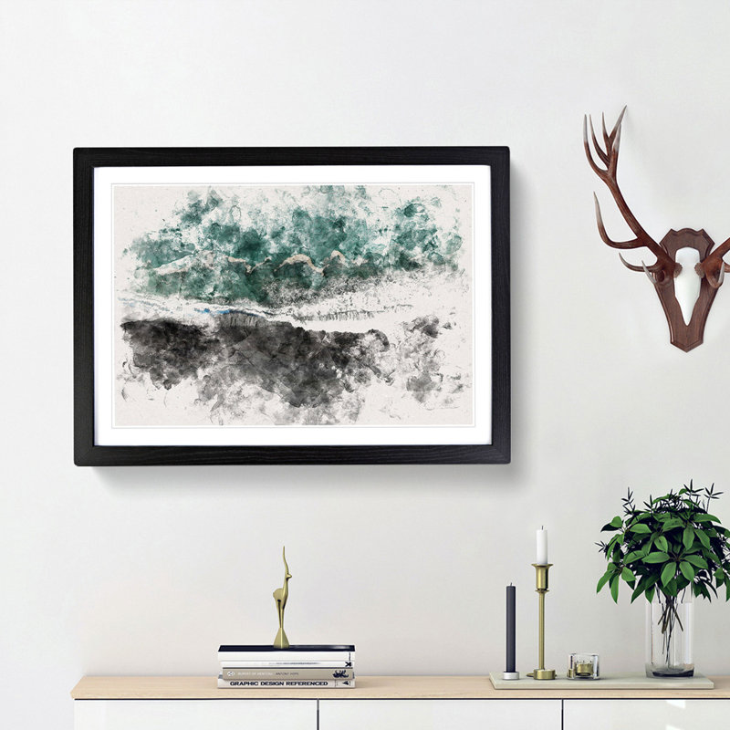 Above The Black Sand Beach In Iceland Watercolour - Single Picture Frame Print on MDF, Black Framed, 62cm H x 87cm W x 2cm D