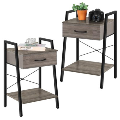 Ensemble de 2 tables d'appoint avec tiroir et tablette ouverte, table de chevet à cadre en métal avec panier de rangement, table de bout pour le salon, la chambre à coucher