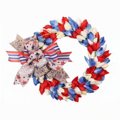 Couronne de tulipe patriotique 17,7 "avec nœud pour décor de porte d'entrée du 4 juillet