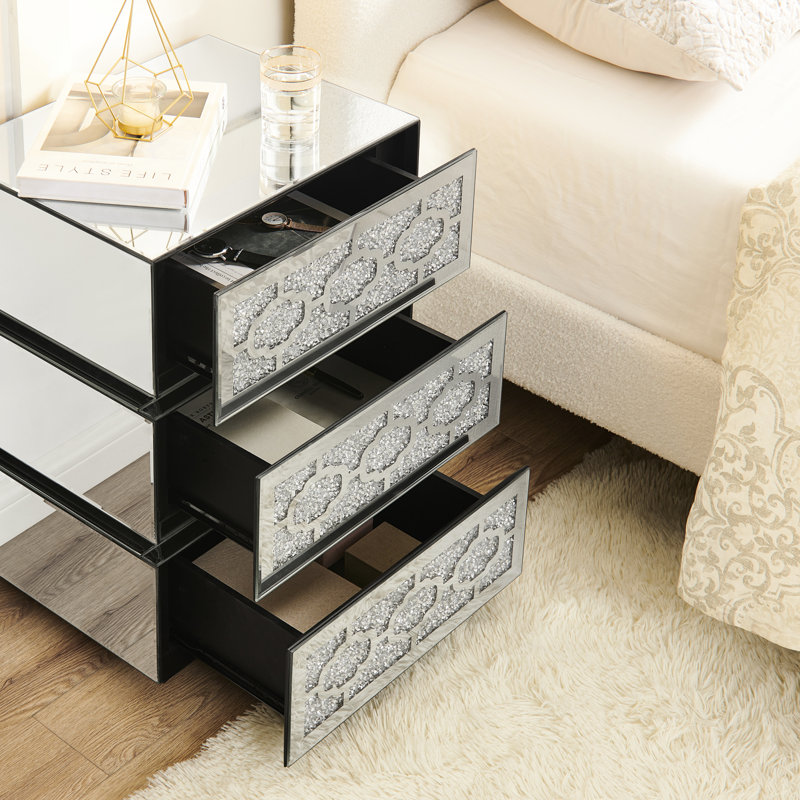 Armoire de chevet à miroir avec 3 tiroirs, décor argenté, pour la chambre à coucher, taille compacte, table de style américain de haute qualité, finition et vestiaire, peu encombrant