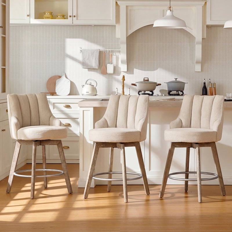 Counter Height Bar Stools,Swivel Bar Stools with Backs,Barstools Set of 3,26'' Solid Wood Legs,Thick Seat Upholstered Linen Fabric Counter Height Stools in Sand