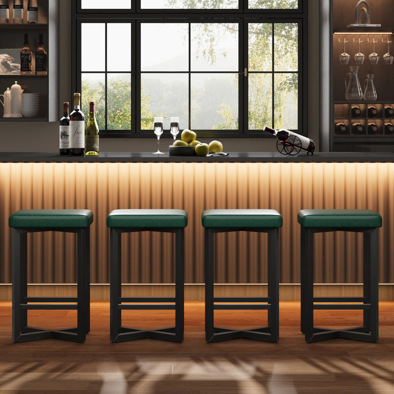 Set of 4 Backless Bar Stools - 62.5cm PU Leather Counter Chairs with Metal Frame & Footrest, Modern Minimalist Stools for Kitchen Island & Dining, Gray
