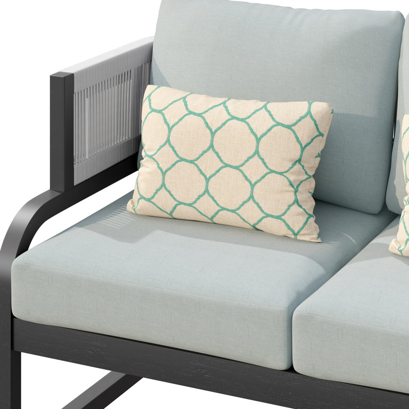 Causeuse d'extérieur en acacia avec coussins, Structure grise / coussin en oléfine turquoise cl
