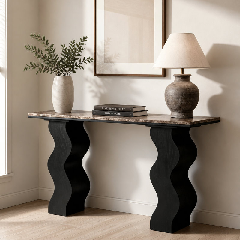Console en marbre avec pieds en bois en forme de vague