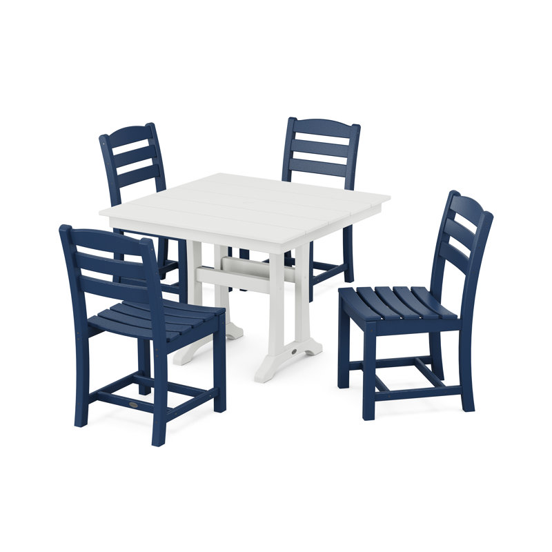 POLYWOOD La Casa Café 5-Piece Farmhouse Trestle Side Chair Dining Set, Navy/White