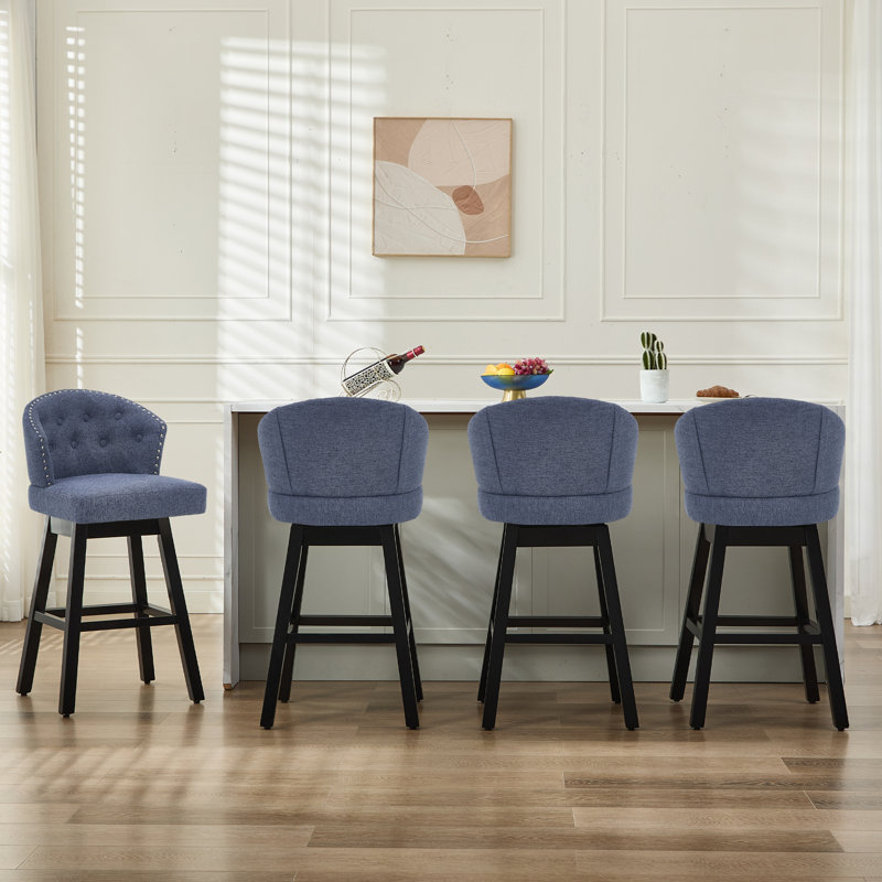Aadhvika Upholstered BarStools with Solid Wood Frame, Blue/Linen, Bar Stool (28" Seat Height)