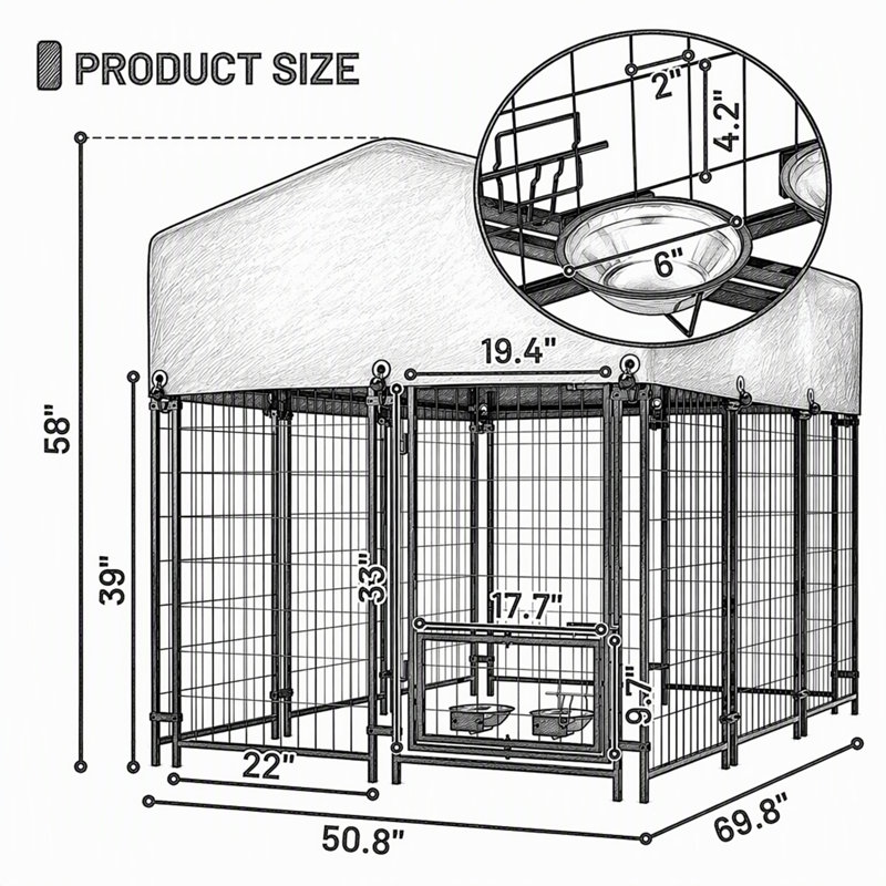 Cage d'extérieur pour chien avec toit imperméable, double verrou et mangeoire rotative