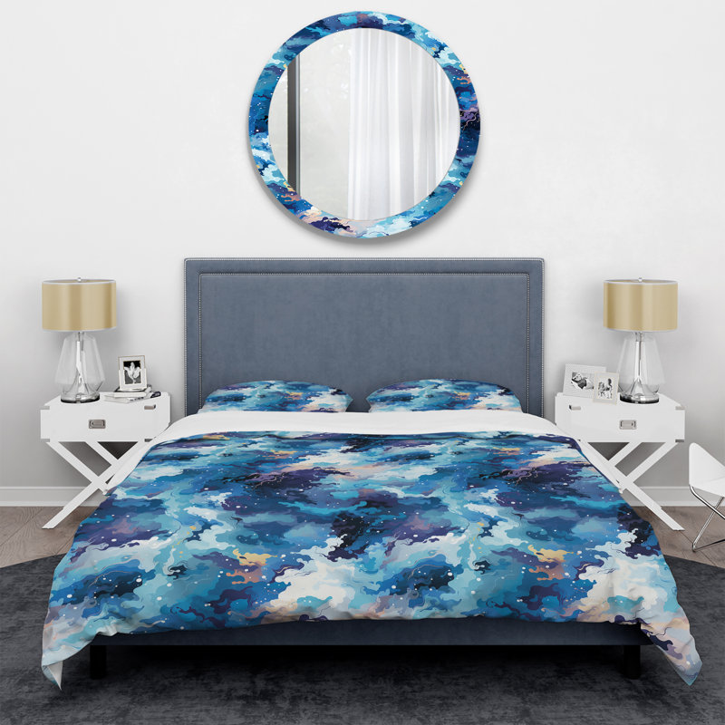 Blue Celestial Aura Camouflage Abstract Duvet Cover, King Duvet Cover + 2 King Shams