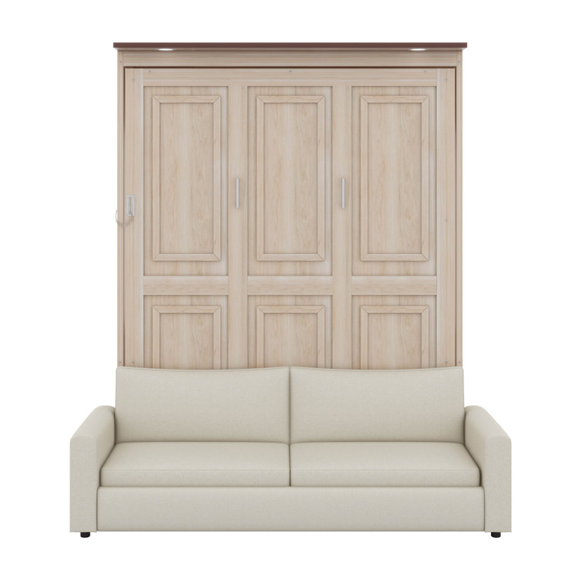 Grand lit escamotable à armoire avec canapé-lit rembourré et DEL, lit escamotable pliable horizontal avec tête de lit à DEL