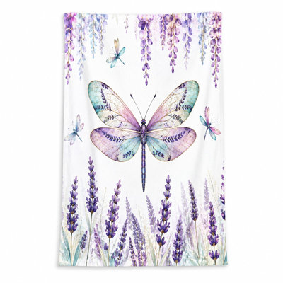 Serviette de plage en forme de papillon lavande 1Pcs, avec délicats mauves et papillons avec des accents de libellule, parfait pour les sorties, la natation, les voyages, unisexe.