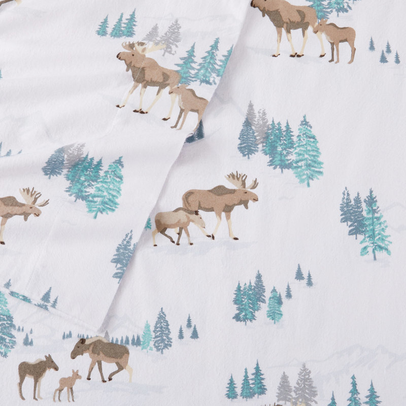 Queen Blue Moose Print Cotton Flannel Sheet Set