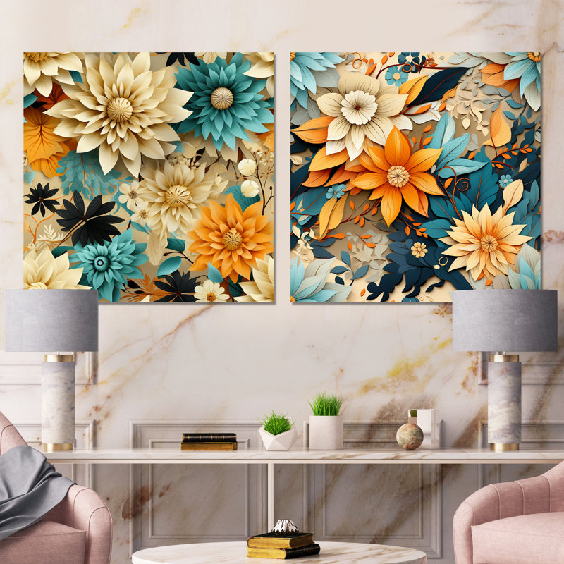 «Blue and Beige Chrysanthemums Mandala Boho», ensemble d'art mural sur toile à motif floral, Toile tendue