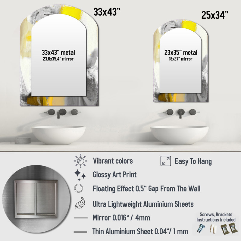 Mustard Yellow And Vivid Gray I - Abstract Unique Shape Decorative Mirror, Modern Freeform Large Wall Mirror, Printed Metal Art