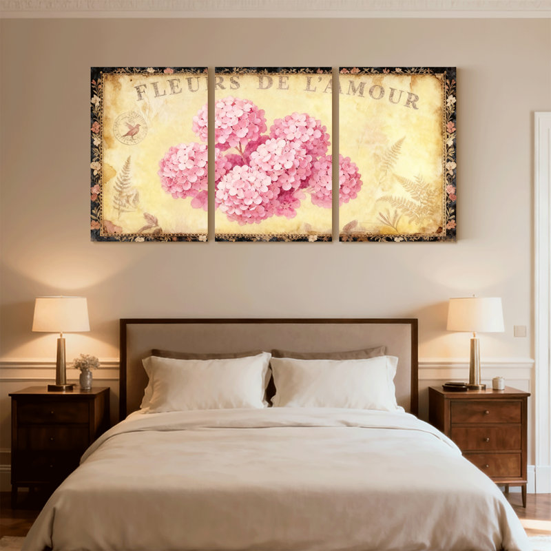 Hydrangea Fleurs de Lamour, ensemble de 3 impressions sur toile, H 36 po x l 72 po