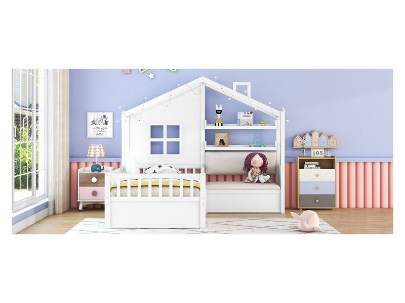 Lit simple blanc pour enfant avec canapé - lit plateforme avec 2 tiroirs et tablette de rangement pour la chambre à coucher