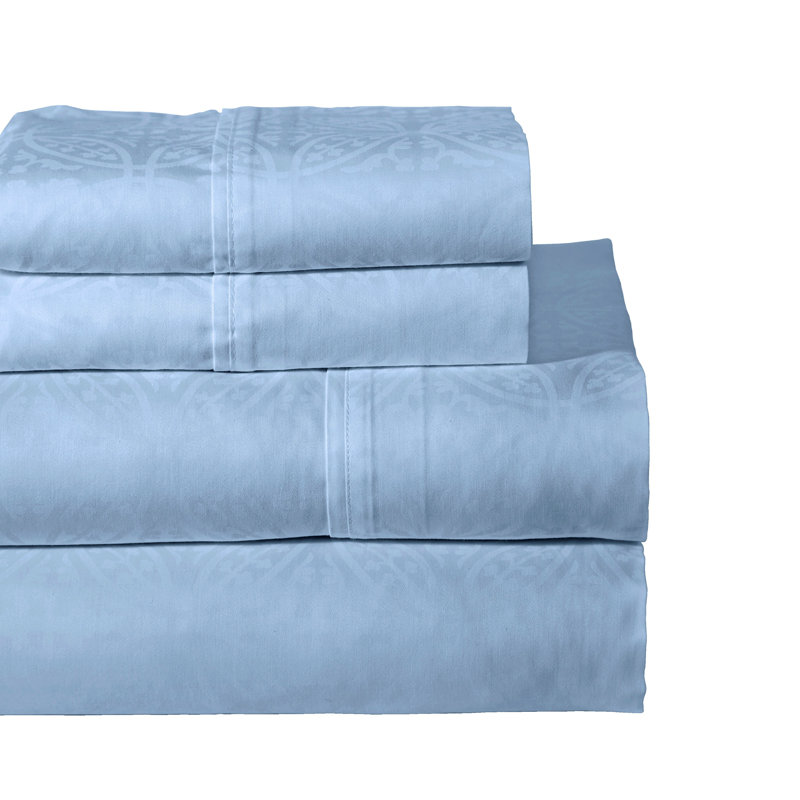 100% Cotton Tone-on-Tone Print Sheet Set, Full/Double Sheet Set with 2 Pillowcases, Blue