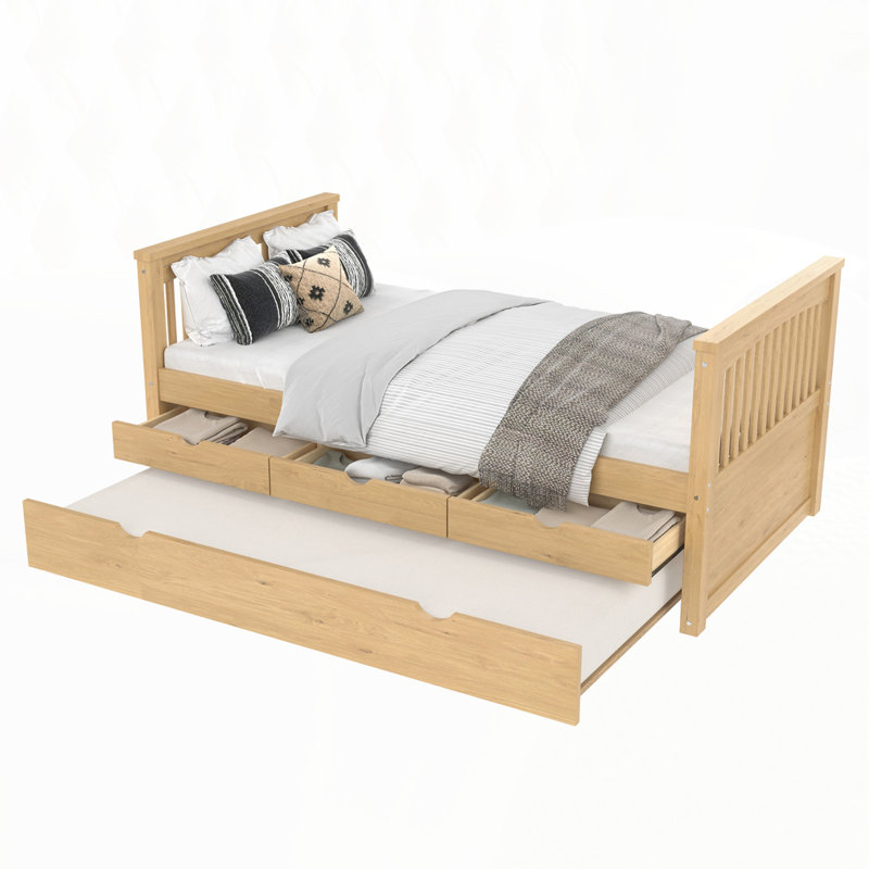 Lit plateforme simple avec tiroirs et lit gigogne, Naturel