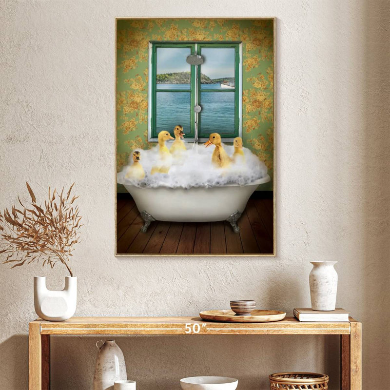 Ducks In Bath Tub, Floating Frame Natural Wood, 27" x 40"