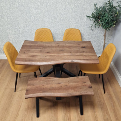 Rustic Brown Wooden Dining set with Table and Velvet Chairs