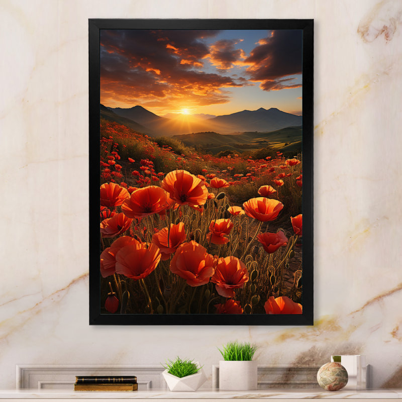 «Coral Wildflowers Fields of Dreams», reproduction sur toile, Cadre simple noir, H 32 po x l 24 po x P 1 po
