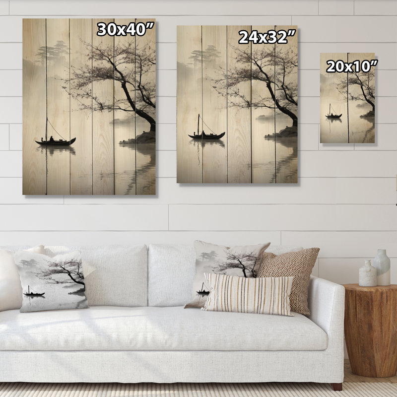 Art asiatique, bateau, impression monochrome sur bois, H 40 po x l 30 po x P 0,78 po