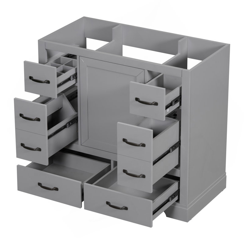 Meuble-lavabo 36 po sans lavabo, base d'armoire seulement, six tiroirs, diviseur de tiroir multifonctionnel, tablette réglable, gris