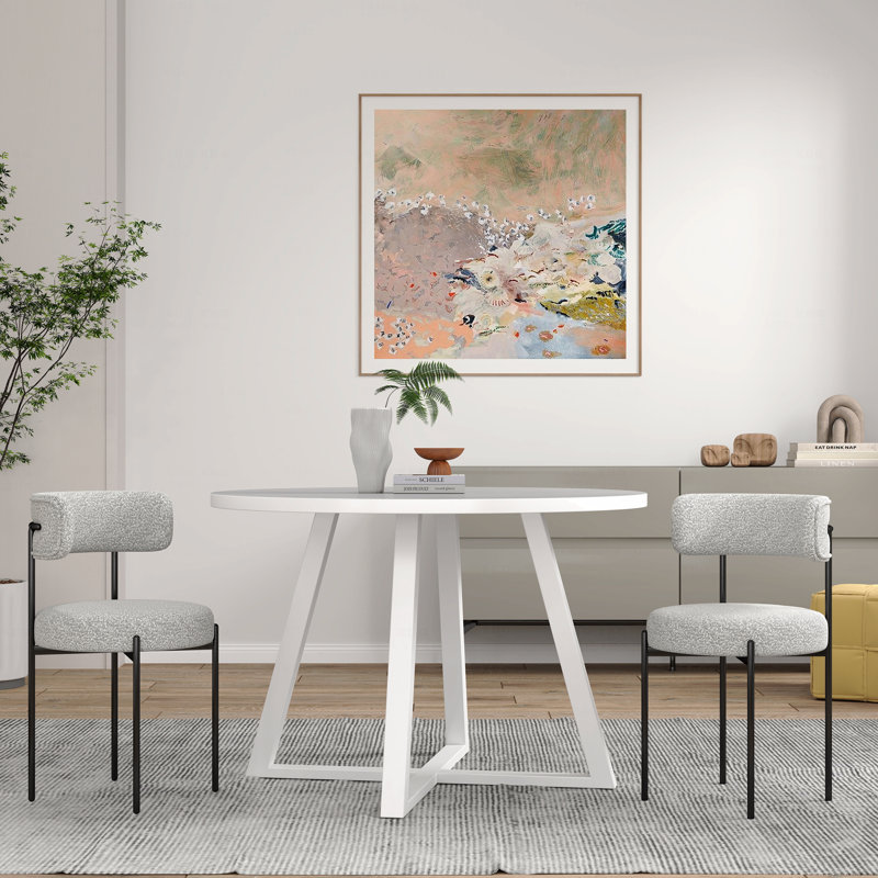 Ensemble de salle à manger 3 pièces: table ronde à tréteaux et 2 fauteuils bouclés, Gris