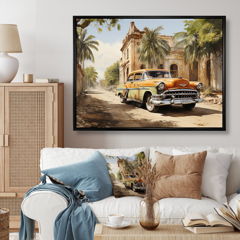Orange Classic Cuban Car - Transportation Canvas Art Print, H 16 po x l 32 po x P 1 po, Cadre flottant noir