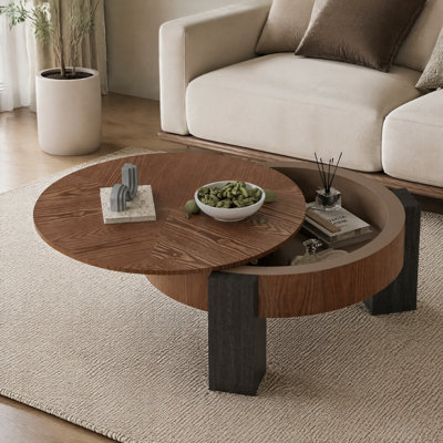 33'' Round Coffee Table with Hidden Storage, Modern Wabi-Sabi Wood Parquet Veneer Top, 3-Leg Sturdy Center Accent Table for Living Room & Small Spaces