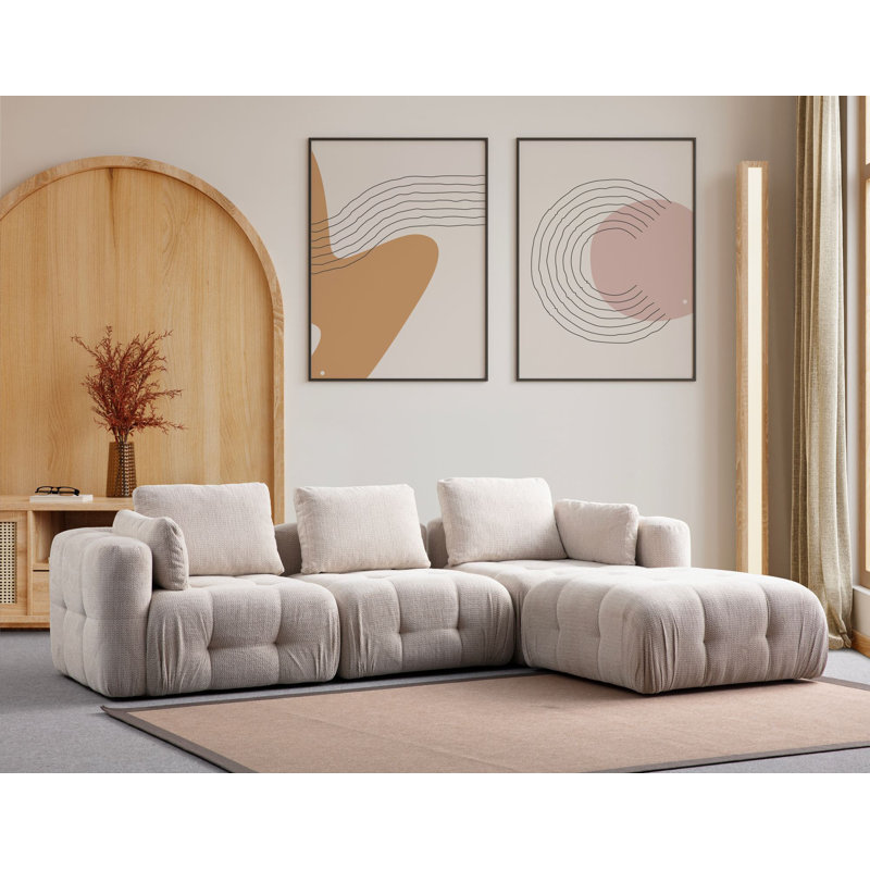 Canapé d'angle élégant, beige, 9,5 pi x 6,6 pi x 2,1 pi | Structure et panneau en bois de hêtre, tissu 100% polyester | Mousse souple 28 g / m² et 24 g / m², 5 coussins | Design moderne pour le confort du salon
