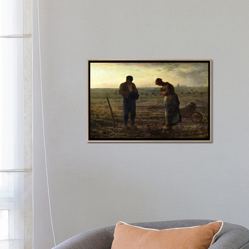 The Angelus by Jean-Francois Millet - Print on Canvas, 66.04 cm H x 101.6 cm W x 4.445 cm D, Oak Floater Framed