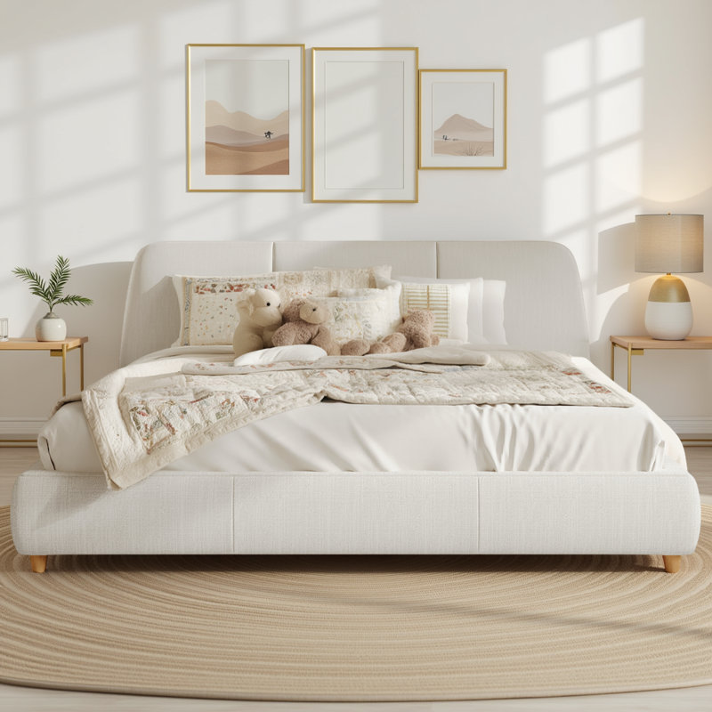 Cocoon Modern Upholstered Bed Frame Linen Fabric Platform Bed with Solid Wood Legs, White, No Box Spring Needed, King