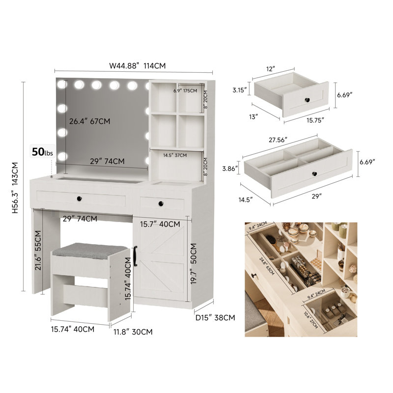 Vanity Desk Set With Lighted Mirror, Modern Makeup Table With 2 Drawers And Jewelry Shelves, Glass Top Dressing Table W/ Storage Cabinet, Cushioned Stool Set, Power Outlet & Hair Dryer Stand