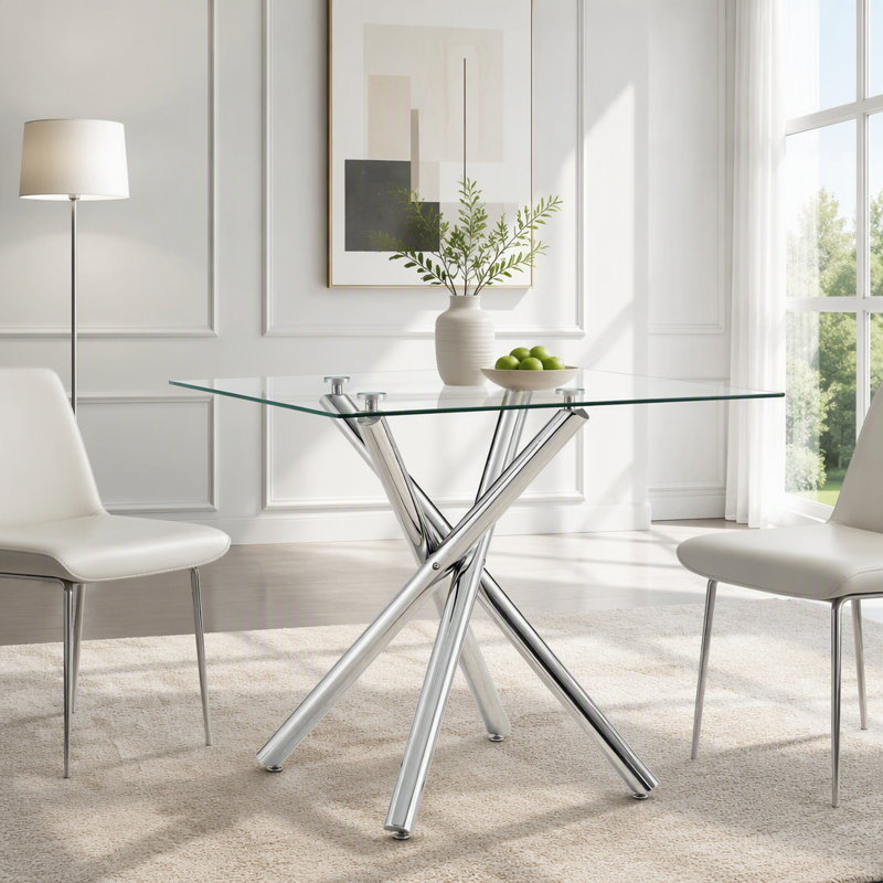 Table de bar moderne avec plateau en verre trempé et pieds croisés, Argent / transparent