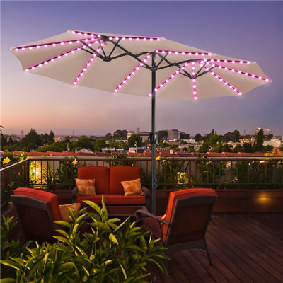 13ft Outdoor Rectangle Umbrella with Base Stand,Garden Parasol with Multi-Mode Colored Solar Light Strips,Tan