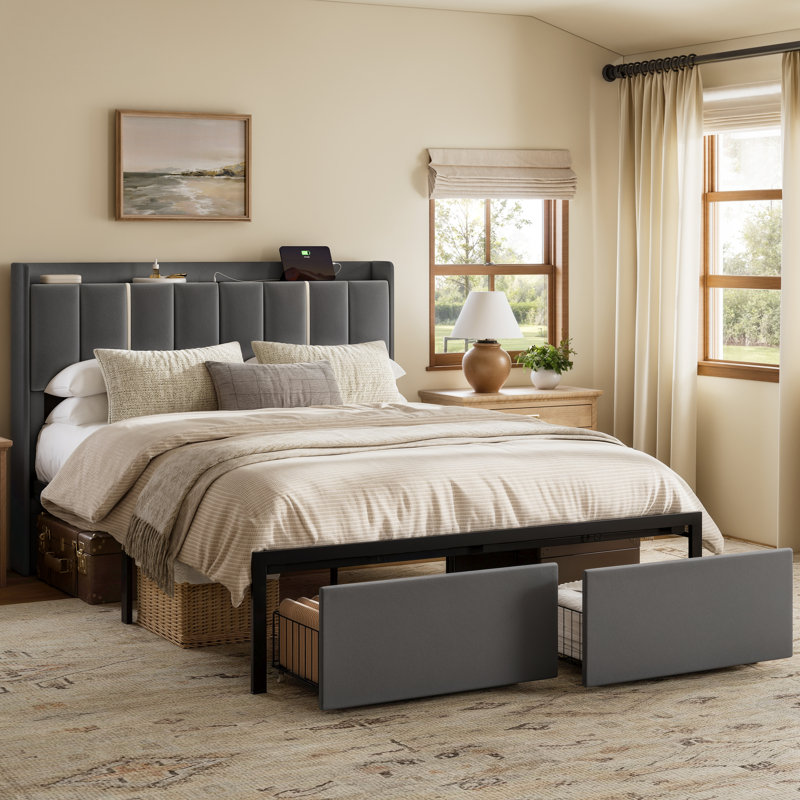 Upholstered Full Bed with 2 Drawers and Open Storage Headboard，Platform Bed with Charging Station, No Spring Boxing Needed, Gray