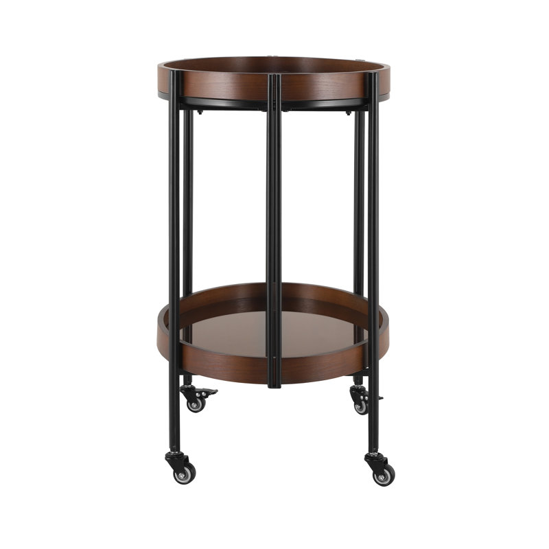 Chariot-bar ovale en noyer foncé avec cadre en métal noir et tablettes en verre