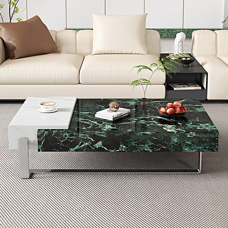 Table basse moderne avec pieds en métal, H 13,77 po x L 55,11 po x l 31,49 po, Blanc/vert