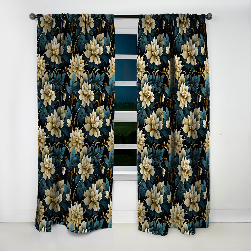 Opulence de fleur de damas noir et beige II - Rideau damassé - Rideau occultant en velours - 1 panneau, L 52 po x L 120 po