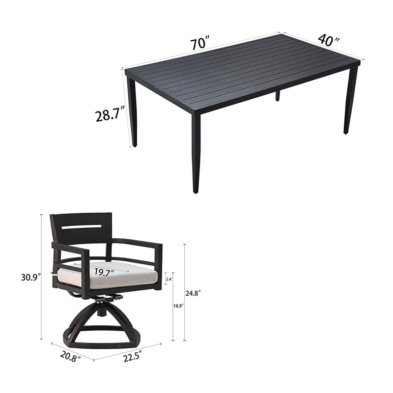 Mobilier d'extérieur en aluminium 7 pièces pour patio, 7 pièces : table, 6 chaises