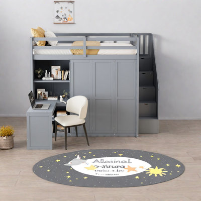 Lit mezzanine gris peu encombrant avec rangement et espace de travail multifonctionnels