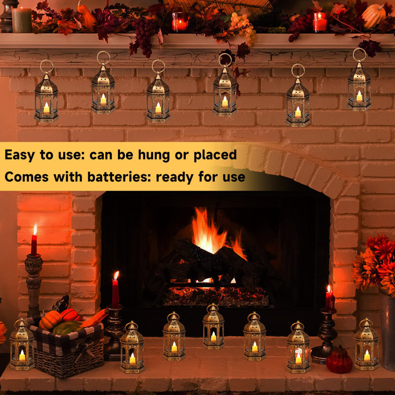 12Pcs Mini Lanterns with Small LED Candle, Bronze