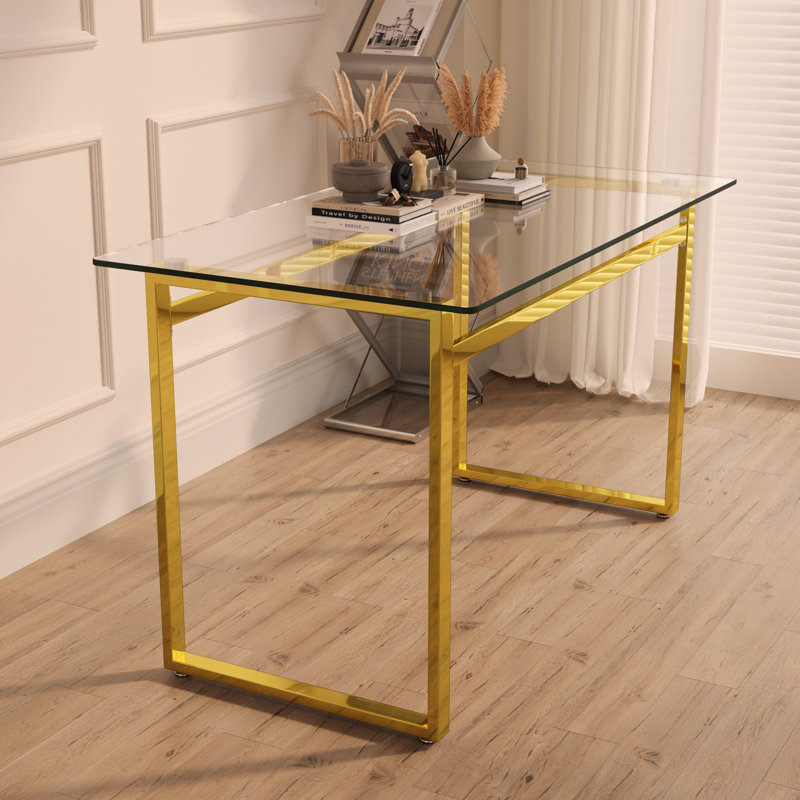 51" Modern Minimalist Rectangular Glass Dining Table for 4-6 with 0.31" Tempered Glass Tabletop and Golden Chrome Metal Legs