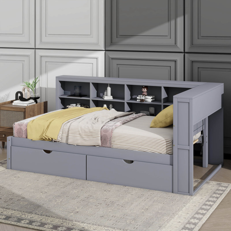 Lit de jour simple en bois avec 2 tiroirs, une tablette de rangement et des ports de chargement USB, Gris