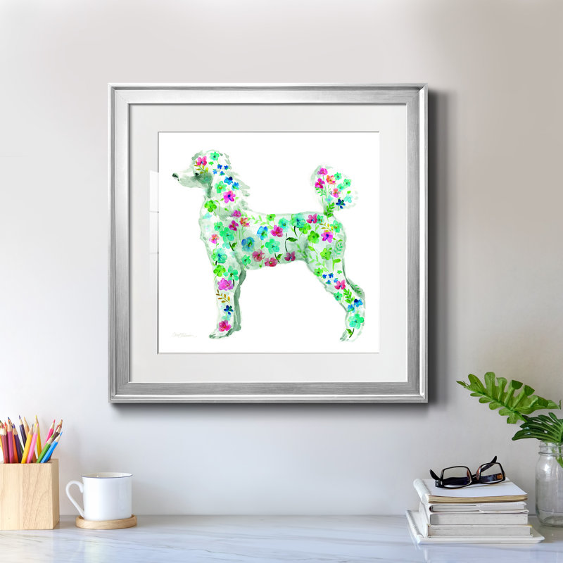 Tapisserie caniche - peinture encadrée, Papier avec cadre argenté, H 17,5 po x l 17,5 po x P 1,5 po