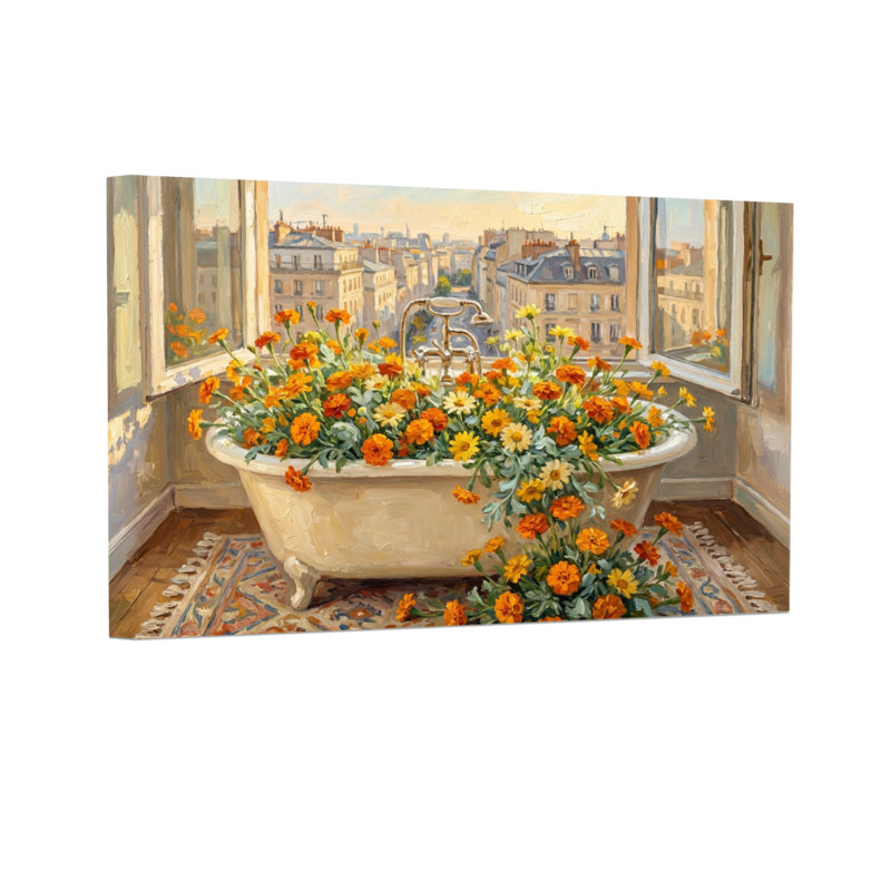 Baignoire à plantes et fleurs débordant de fleurs éclatantes et vue sur la ville, H 12 po x l 18 po