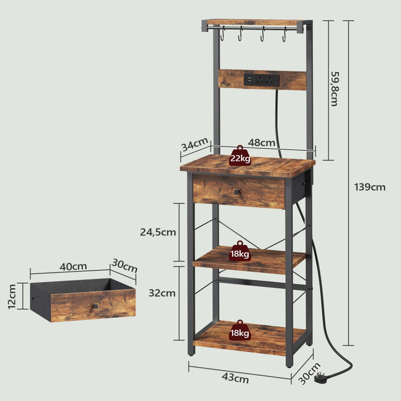 Rustic Brown & Black Bakers Rack, Multi-Purpose Coffee Bar Station Microwave Stand, Kitchen Storage Shelf with Drawer, Built-in Power Strip and 4 Hooks, Ideal for Kitchen, Dining Room and Living Room